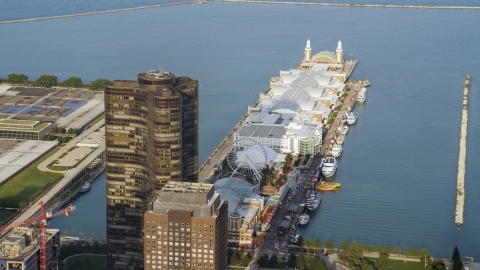 AX0001_119.0000003F - Aerial stock photo of Lake Point Tower and Navy Pier in Downtown Chicago, Illinois
