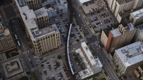 AX0001_145.0000214F - Aerial stock photo of An L Train in Downtown Chicago, Illinois
