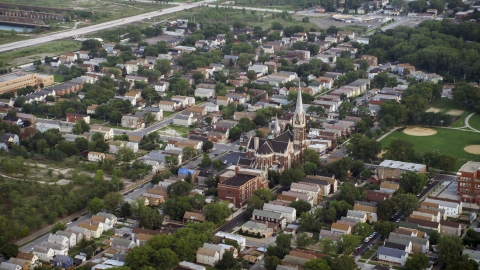 AX0001_160.0000028F - Aerial stock photo of Urban neighborhood and St. Michael Catholic Church, Chicago, Illinois