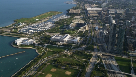 AX0002_081.0000015F - Aerial stock photo of The Shedd Aquarium, Field Museum of Natural History, and Soldier Field, Chicago, Illinois
