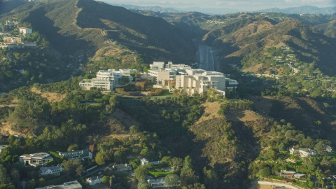 AX0161_088.0000080 - Aerial stock photo of Getty Museum, on a hilltop in Brentwood, California