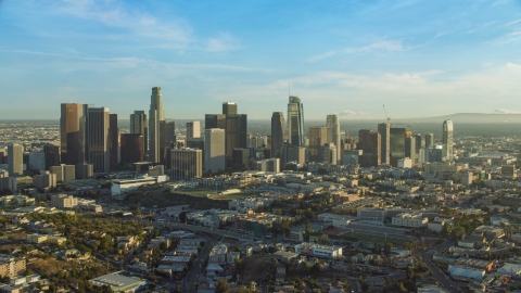 AX0162_002.0000293 - Aerial stock photo of The skyline in Downtown Los Angeles, California