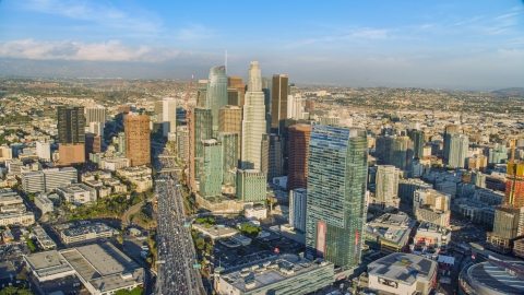 AX0162_006.0000107 - Aerial stock photo of Tall skyscrapers and The Ritz-Carlton hotel in Downtown Los Angeles, California