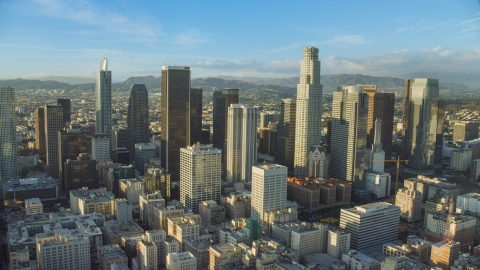AX0162_008.0000346 - Aerial stock photo of The giant skyscrapers of Downtown Los Angeles, California