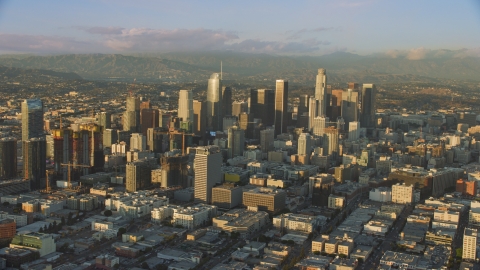 AX0162_065.0000110 - Aerial stock photo of Towering skyscrapers and high-rises in Downtown Los Angeles, California