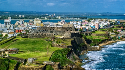 AX101_009.0000000F - Aerial stock photo of Historic fort on a Caribbean island in Old San Juan, Puerto Rico