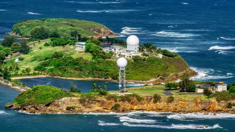 AX101_028.0000000F - Aerial stock photo of Punta Salinas Radar Site on a Caribbean island, Toa Baja, Puerto Rico