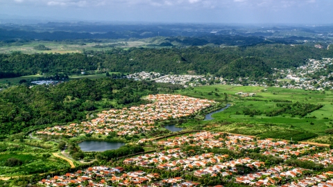 AX101_033.0000283F - Aerial stock photo of Rural homes among trees and grassy areas, Dorado, Puerto Rico 