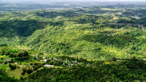 AX101_040.0000000F - Aerial stock photo of Tree covered hills and rural homes in Vega Baja, Puerto Rico