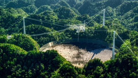 AX101_096.0000000F - Aerial stock photo of Arecibo Observatory in lush green Karst forest, Puerto Rico 