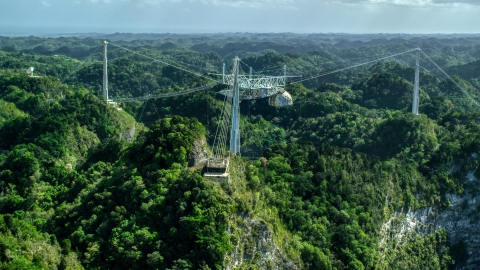 AX101_111.0000000F - Aerial stock photo of Top of Arecibo Observatory rising about karst mountains, Puerto Rico 