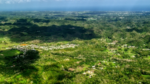 AX101_125.0000000F - Aerial stock photo of Rural homes and tree covered karst mountains, Arecibo, Puerto Rico Day Partly Cloudy Side View