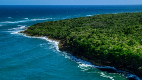 AX101_196.0000000F - Aerial stock photo of Stunning blue waters along a tree lined coast, Manati, Puerto Rico