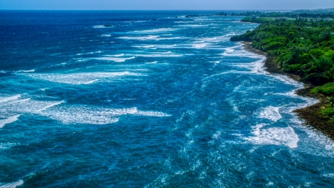 AX101_197.0000207F - Aerial stock photo of Waves rolling in toward a tree-lined Caribbean island coastline in Vega Baja, Puerto Rico 