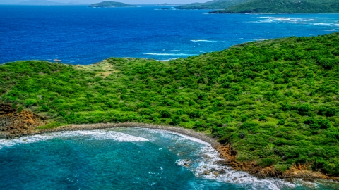 AX102_108.0000211F - Aerial stock photo of Tree covered Caribbean island coast of Culebra, Puerto Rico