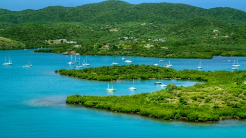 AX102_141.0000000F - Aerial stock photo of Sail boats in sapphire blue waters along tree covered coasts, Culebra, Puerto Rico
