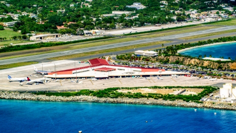 AX102_196.0000000F - Aerial stock photo of Main terminal at Cyril E King Airport, St. Thomas, US Virgin Islands