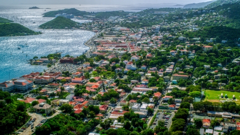 AX102_215.0000000F - Aerial stock photo of View of the harbor and the Caribbean island town of Charlotte Amalie, St. Thomas, US Virgin Islands
