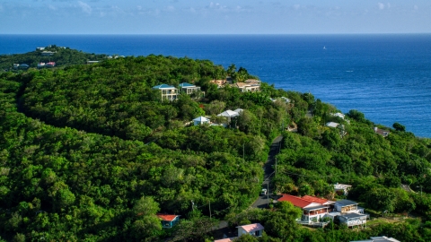 AX103_032.0000016F - Aerial stock photo of Ocean view homes on a green hillside, Cruz Bay, St John