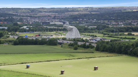 AX109_121.0000000F - Aerial stock photo of The Kelpies sculptures in Falkirk, Scotland