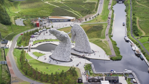 AX109_124.0000049F - Aerial stock photo of The iconic Kelpies sculptures, Falkirk, Scotland
