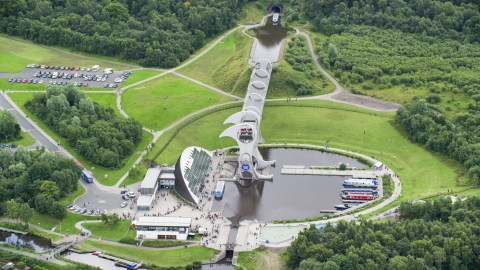 AX109_141.0000000F - Aerial stock photo of A view of the Falkirk Wheel near trees, Scotland