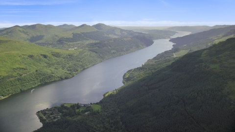 AX110_089.0000000F - Aerial stock photo of A view of the calm waters of Loch Long, Scottish Highlands, Scotland