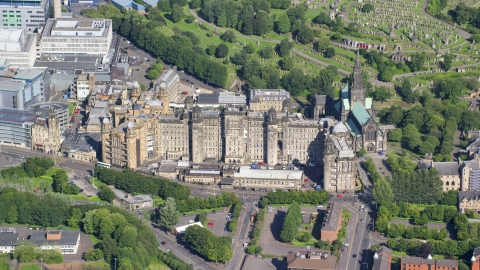 AX110_184.0000000F - Aerial stock photo of A view of the Glasgow Royal Infirmary hospital in Scotland