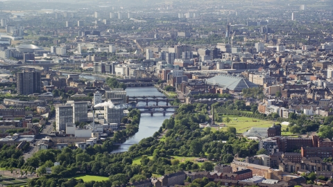 AX110_190.0000032F - Aerial stock photo of A city view with the River Clyde, Glasgow, Scotland