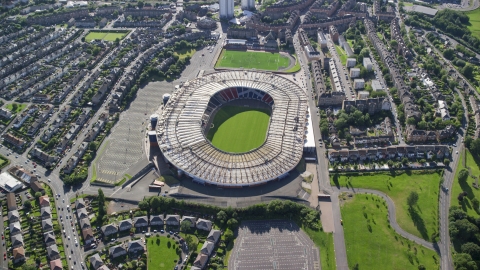 AX110_194.0000000F - Aerial stock photo of The Hampden Park soccer stadium in Glasgow, Scotland