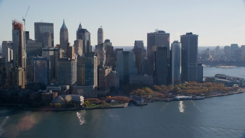 AX119_015.0000096F - Aerial stock photo of Battery Park and skyscrapers in Autumn, Lower Manhattan, New York City