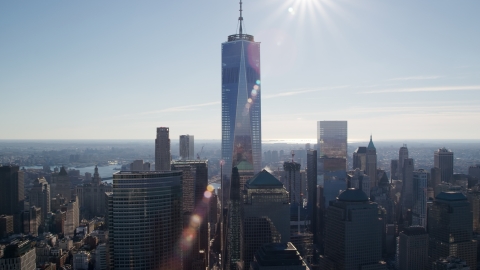 AX119_019.0000087F - Aerial stock photo of One World Trade Center in Lower Manhattan, New York City
