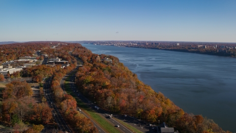 AX119_051.0000060F - Aerial stock photo of St Peter's College and Hudson River in Autumn, Englewood Cliffs, New Jersey