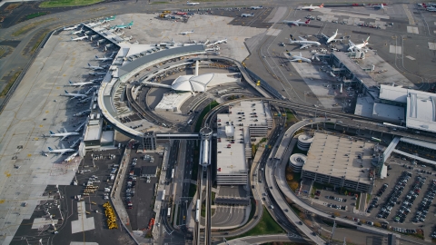 AX120_064.0000083F - Aerial stock photo of Terminals at JFK International Airport in New York City
