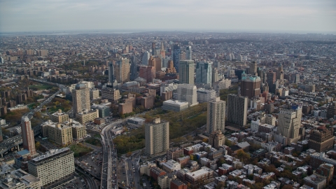 AX120_130.0000184F - Aerial stock photo of The downtown area of Brooklyn in Autumn, New York City