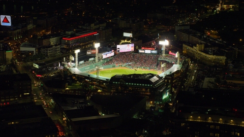 AX141_180.0000136 - Aerial stock photo of A baseball game at Fenway Park in Boston, Massachusetts, night