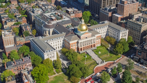 AX142_167.0000169 - Aerial stock photo of The Massachusetts State House in Downtown Boston, Massachusetts