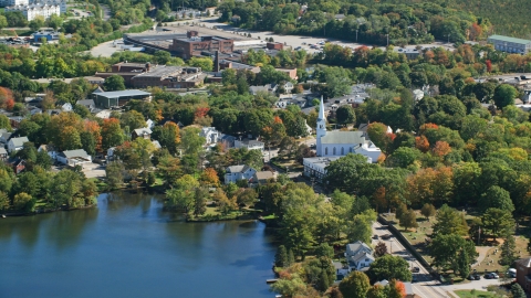 AX143_008.0000255 - Aerial stock photo of A small town with waterfront homes in autumn, Braintree, Massachusetts
