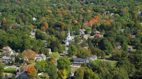 AX143_018.0000210 - Aerial stock photo of A small town church in autumn, Hingham, Massachusetts