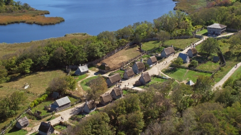 AX143_108.0000260 - Aerial stock photo of A view of Plimoth Plantation in Plymouth, Massachusetts