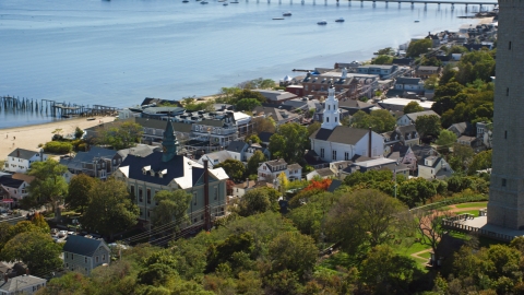 AX143_229.0000000 - Aerial stock photo of The Provincetown Town Hall and the Unitarian Universalist Meeting House, Provincetown, Massachusetts