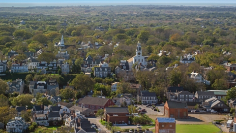 AX144_077.0000108 - Aerial stock photo of Unitarian Universalist Church in the coastal community of Nantucket, Massachusetts