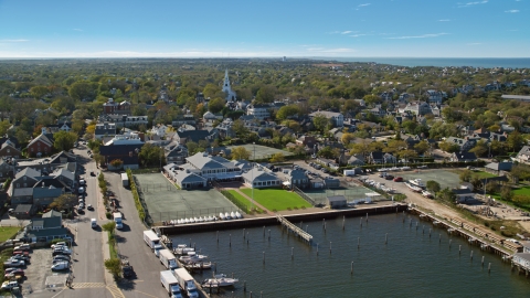 AX144_083.0000000 - Aerial stock photo of A small coastal town and church, Nantucket, Massachusetts