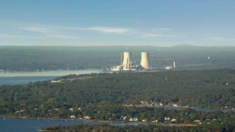 AX144_222.0000000 - Aerial stock photo of The Dynegy Brayton Point nuclear power plant, Somerset, Massachusetts