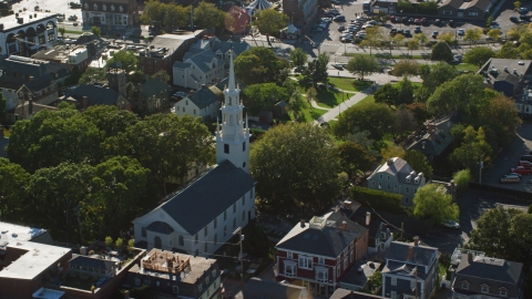 AX144_237.0000000 - Aerial stock photo of Trinity Church and a quiet neighborhood, Newport, Rhode Island