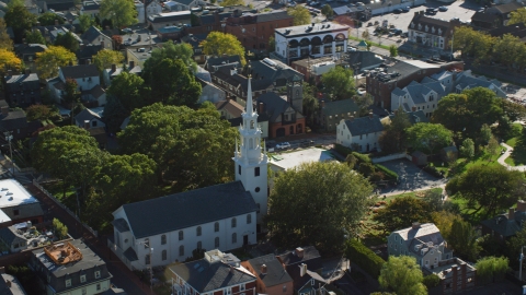 AX144_237.0000154 - Aerial stock photo of A view of Trinity Church in a quiet neighborhood, Newport, Rhode Island