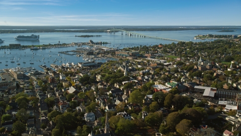 AX144_244.0000000 - Aerial stock photo of A coastal community by Newport Harbor, Newport, Rhode Island