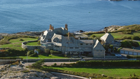 AX144_251.0000000 - Aerial stock photo of An oceanfront mansion in Newport, Rhode Island