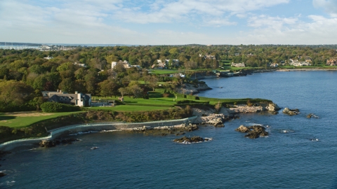 AX144_254.0000000 - Aerial stock photo of Oceanfront mansions with green lawns, Newport, Rhode Island