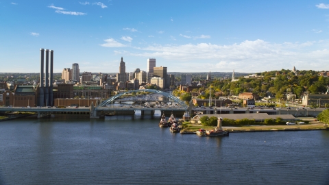 AX145_032.0000266 - Aerial stock photo of The Providence River Bridge and Downtown Providence, Rhode Island